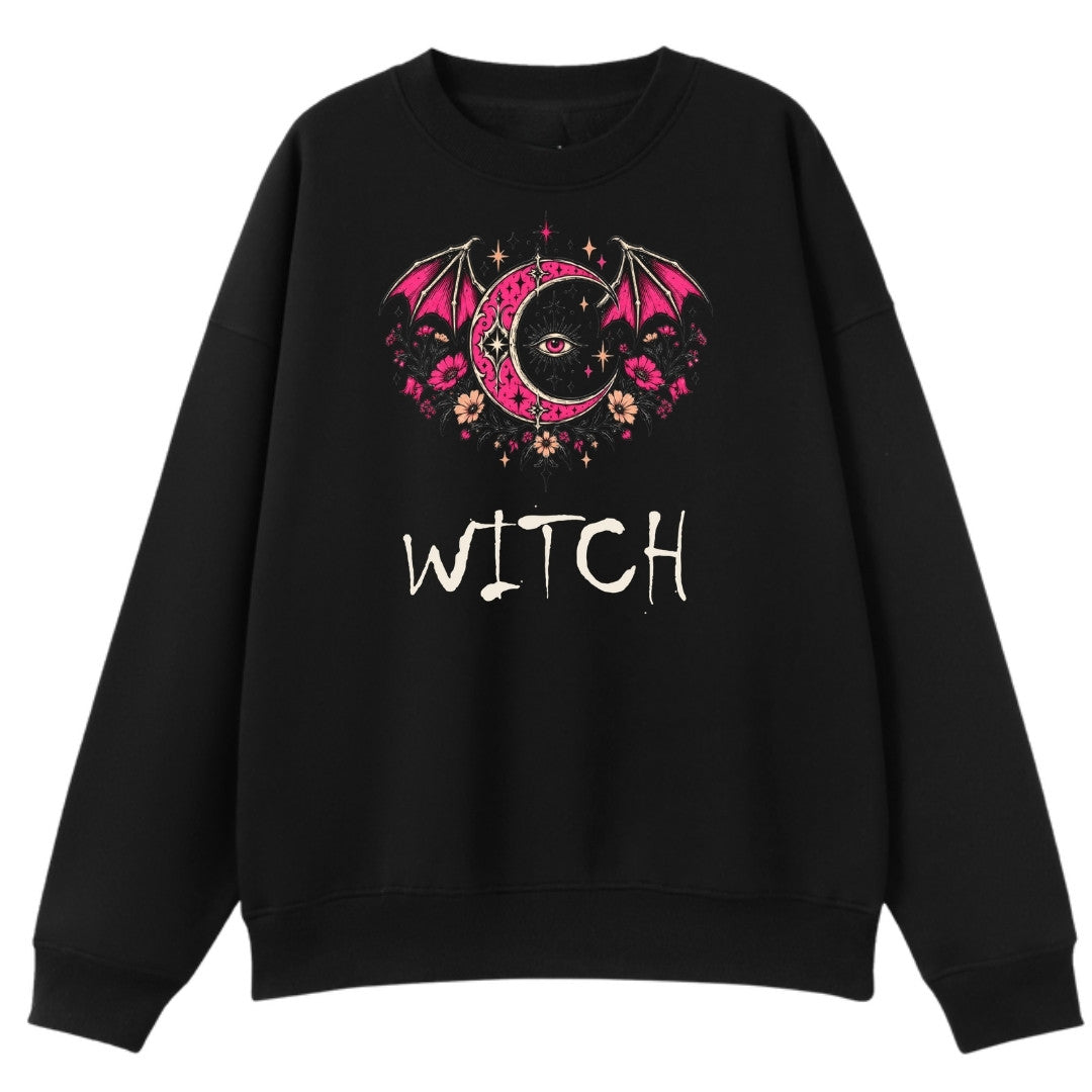 A black oversized crew neck with the Witch graphic printed large on the front.