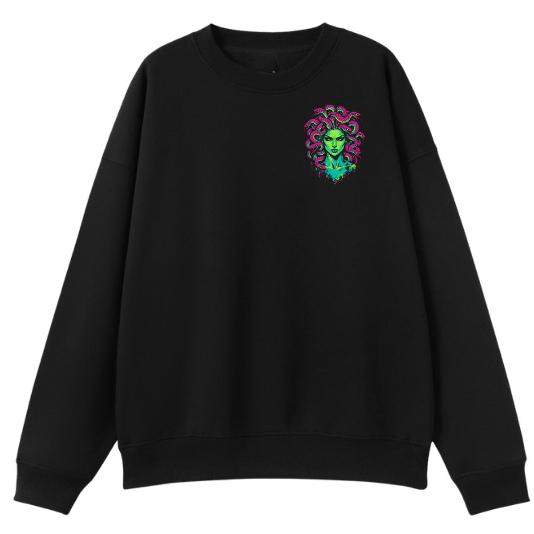 A black oversized crew neck with a small Medusa graphic on the left chest.