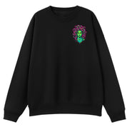 A black oversized crew neck with a small Medusa graphic on the left chest.