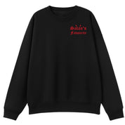 A black oversized crew neck with a small Satan's Favourite graphic on the left chest.