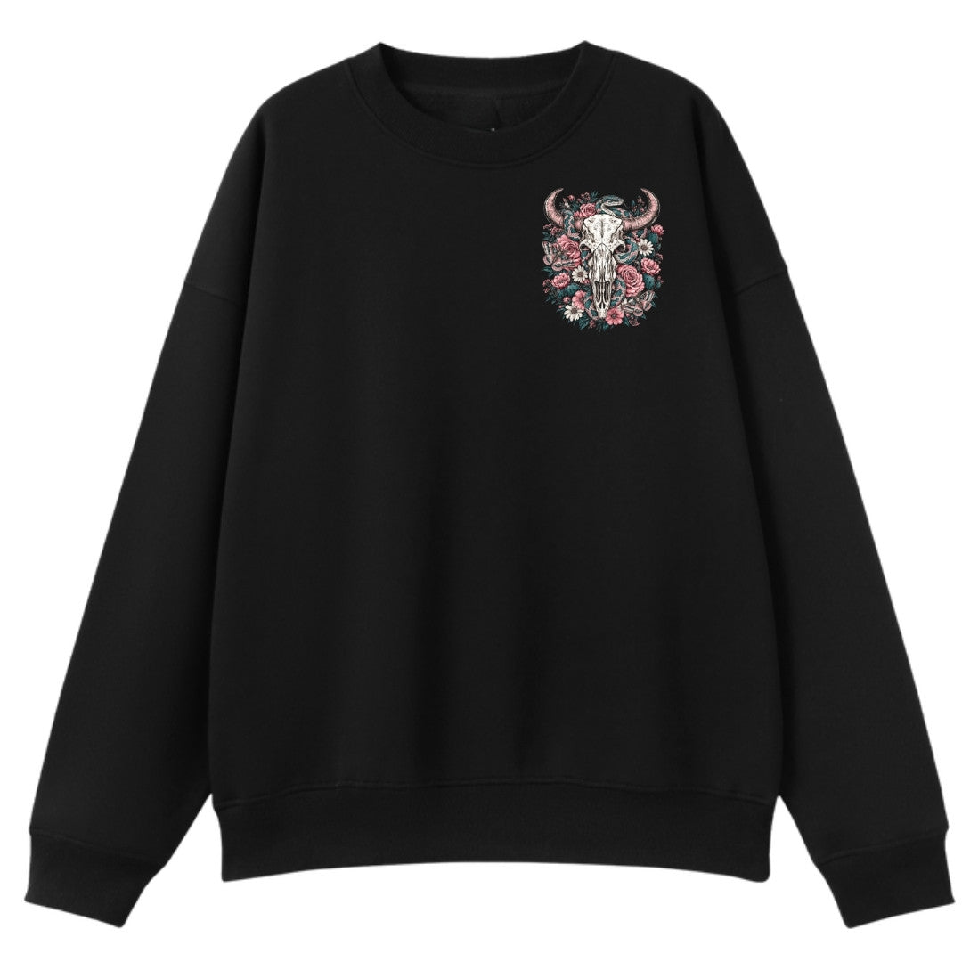 A black oversized crew neck with a small Skull Snake And Moths graphic on the left chest.