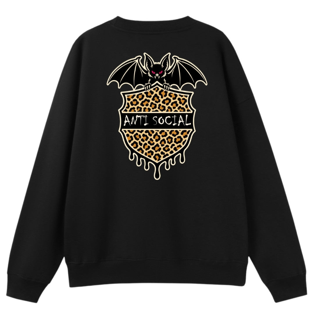 A black oversized crew neck shown from the back, with the Anti Social graphic printed large across the back.