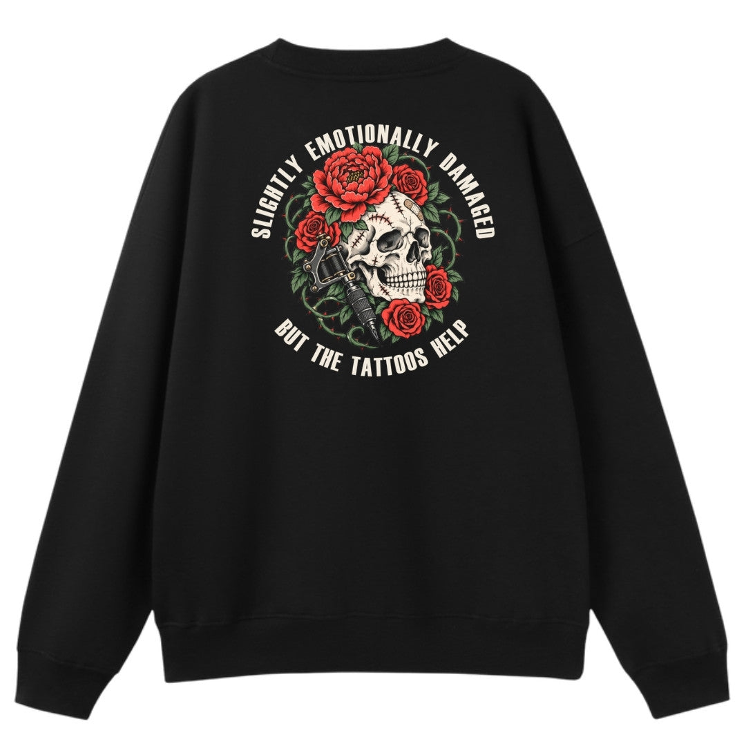 A black oversized crew neck shown from the back, with the Slightly Emotionally Damaged graphic printed large across the back.