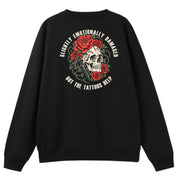 A black oversized crew neck shown from the back, with the Slightly Emotionally Damaged graphic printed large across the back.