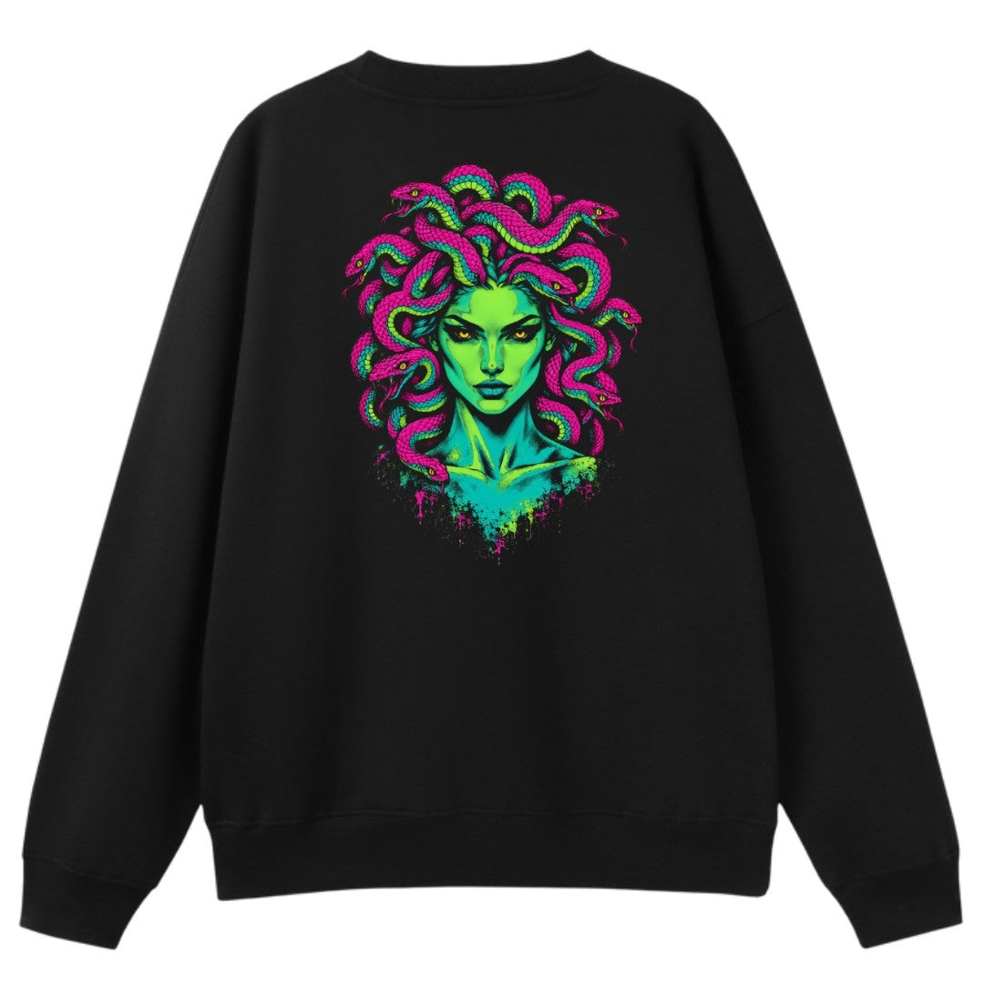 A black oversized crew neck shown from the back, with the Medusa graphic printed large across the back.