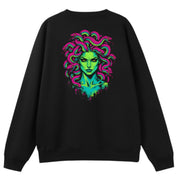 A black oversized crew neck shown from the back, with the Medusa graphic printed large across the back.