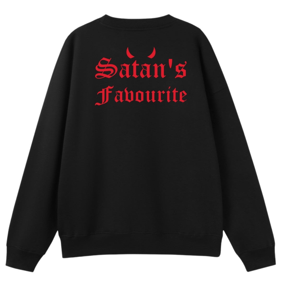 A black oversized crew neck shown from the back, with the Satan's Favourite graphic printed large across the back.