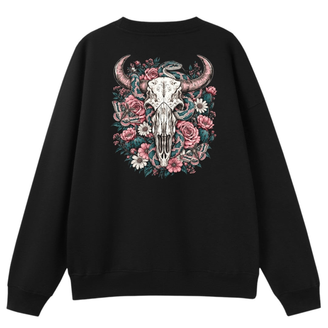 A black oversized crew neck shown from the back, with the Skull Snake And Moths graphic printed large across the back.