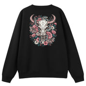 A black oversized crew neck shown from the back, with the Skull Snake And Moths graphic printed large across the back.