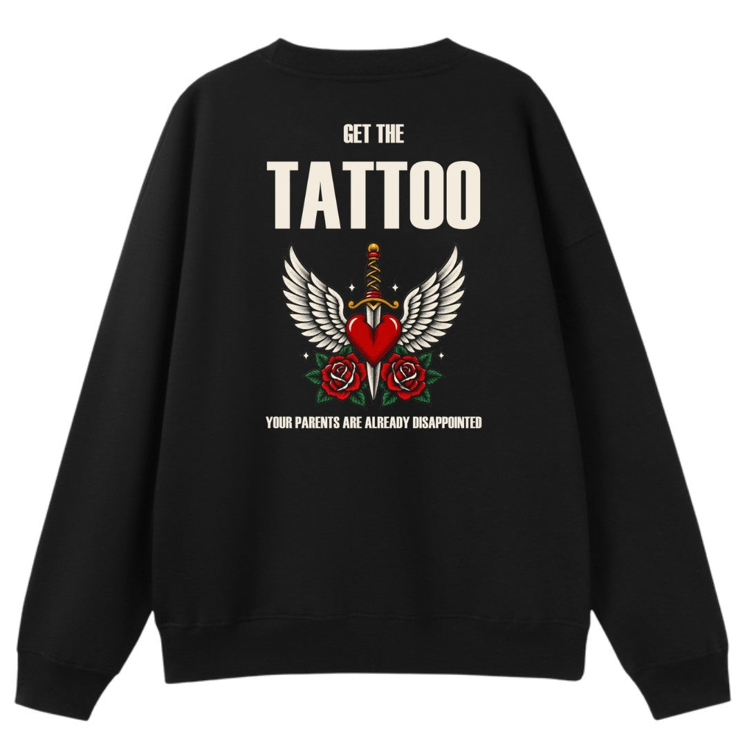 A black oversized crew neck shown from the back, with the Get The Tattoo graphic printed large across the back.
