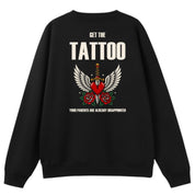 A black oversized crew neck shown from the back, with the Get The Tattoo graphic printed large across the back.