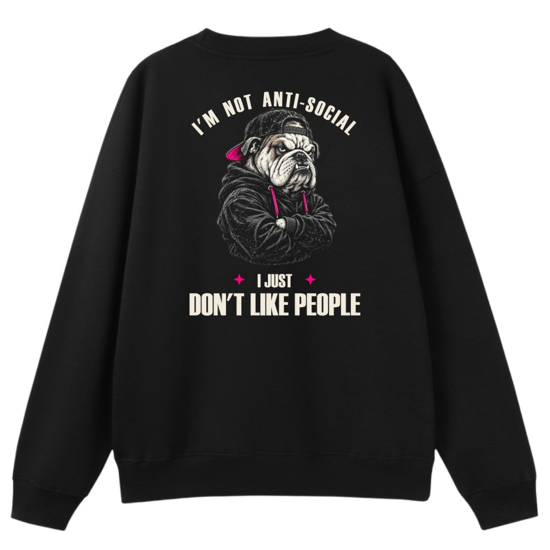 A black oversized crew neck shown from the back, with the I'm Not Anti Social Bulldog graphic printed large across the back.