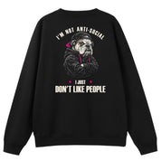 A black oversized crew neck shown from the back, with the I'm Not Anti Social Bulldog graphic printed large across the back.