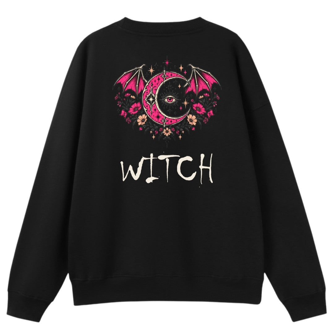 A black oversized crew neck shown from the back, with the Witch graphic printed large across the back.