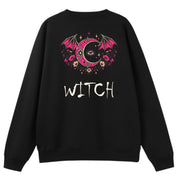 A black oversized crew neck shown from the back, with the Witch graphic printed large across the back.