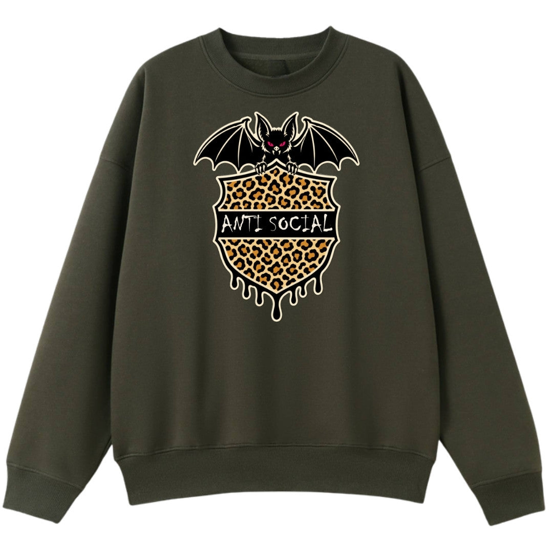 A army green oversized crew neck with the Anti Social graphic printed large on the front.