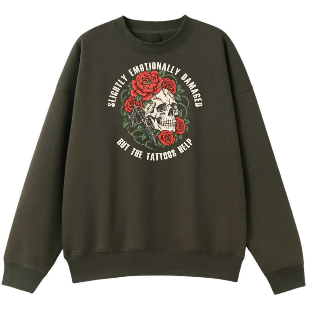 A army green oversized crew neck with the Slightly Emotionally Damaged graphic printed large on the front.