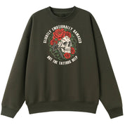 A army green oversized crew neck with the Slightly Emotionally Damaged graphic printed large on the front.
