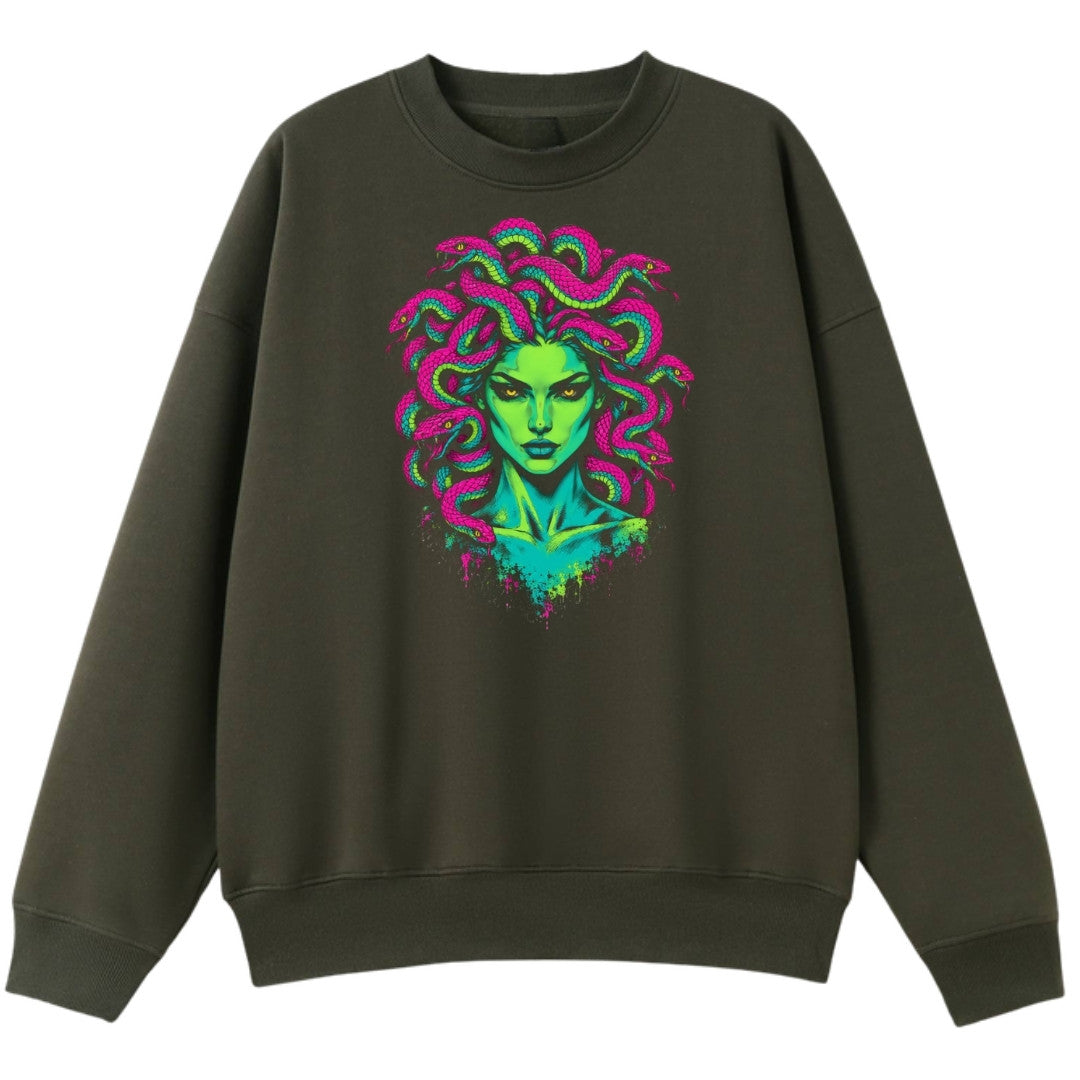 A army green oversized crew neck with the Medusa graphic printed large on the front.