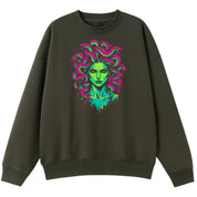 A army green oversized crew neck with the Medusa graphic printed large on the front.