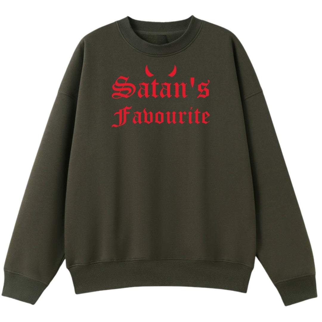 A army green oversized crew neck with the Satan's Favourite graphic printed large on the front.