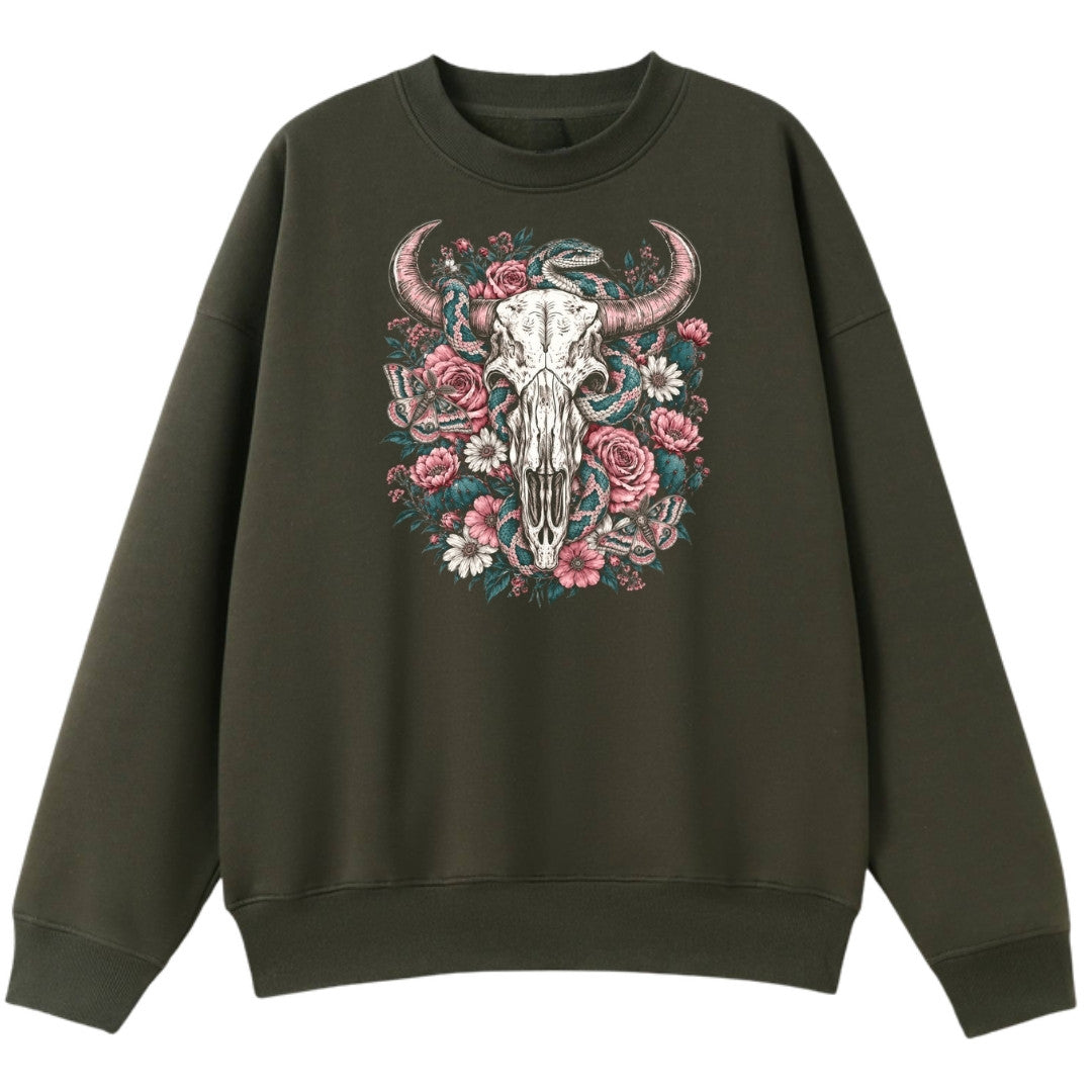 A army green oversized crew neck with the Skull Snake And Moths graphic printed large on the front.
