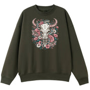 A army green oversized crew neck with the Skull Snake And Moths graphic printed large on the front.