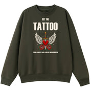 A army green oversized crew neck with the Get The Tattoo graphic printed large on the front.