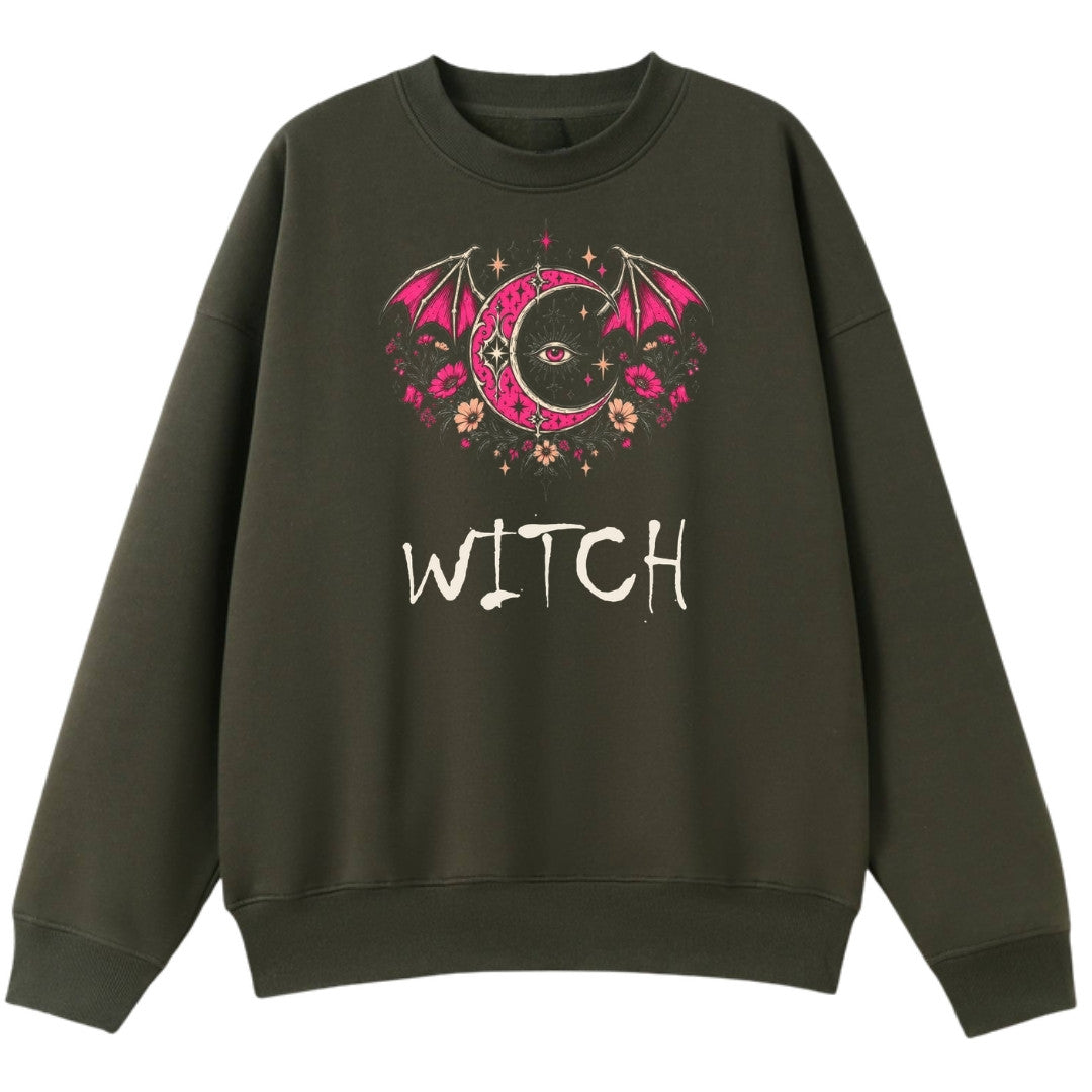 A army green oversized crew neck with the Witch graphic printed large on the front.