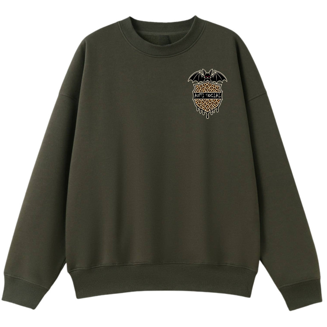A army green oversized crew neck with a small Anti Social graphic on the left chest.