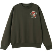 A army green oversized crew neck with a small Slightly Emotionally Damaged graphic on the left chest.