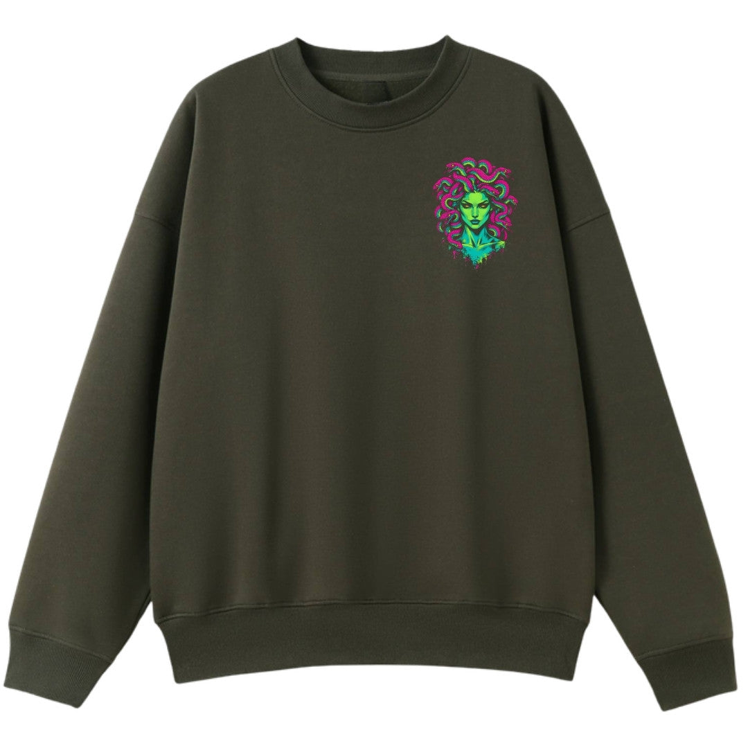 A army green oversized crew neck with a small Medusa graphic on the left chest.