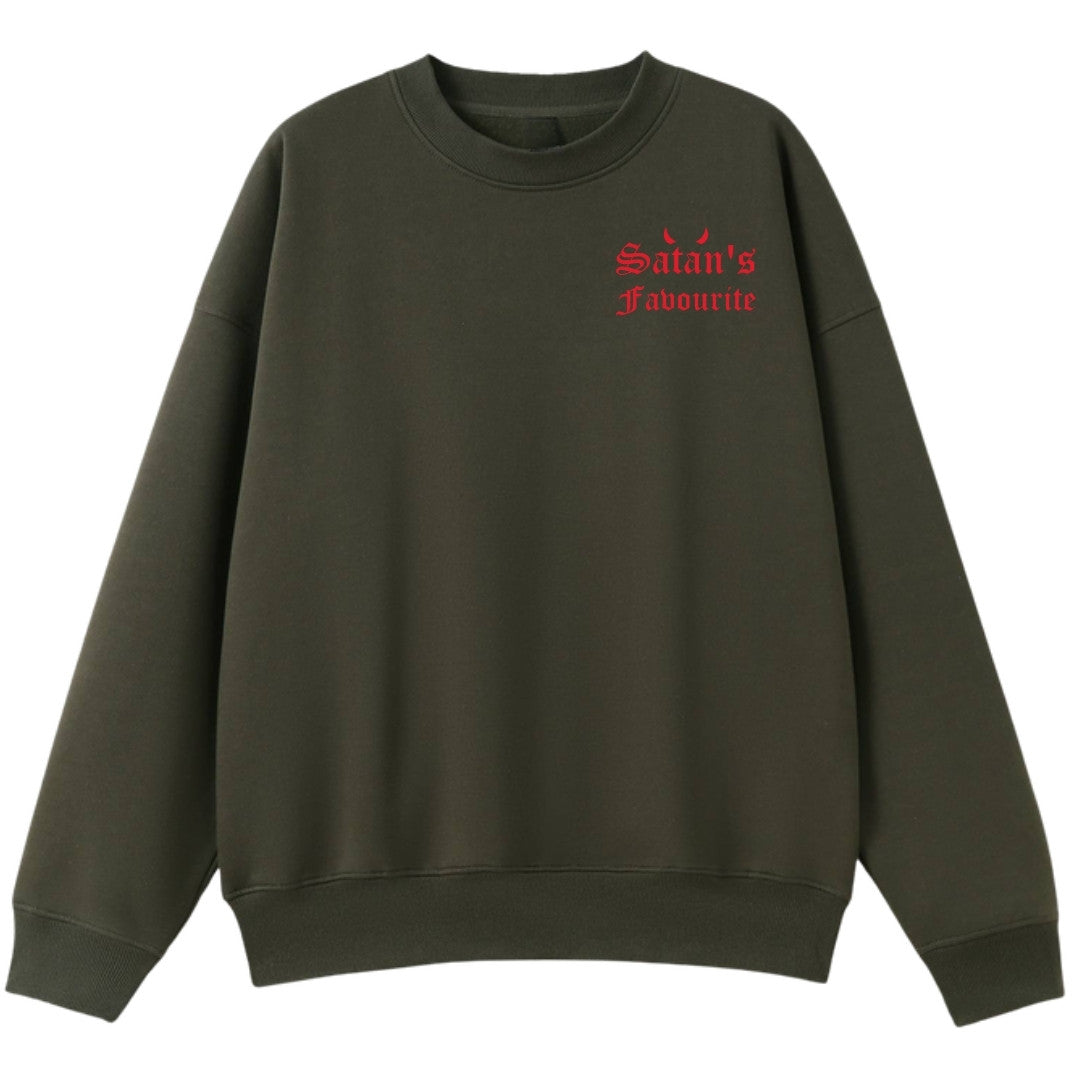 A army green oversized crew neck with a small Satan's Favourite graphic on the left chest.