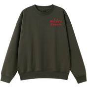 A army green oversized crew neck with a small Satan's Favourite graphic on the left chest.