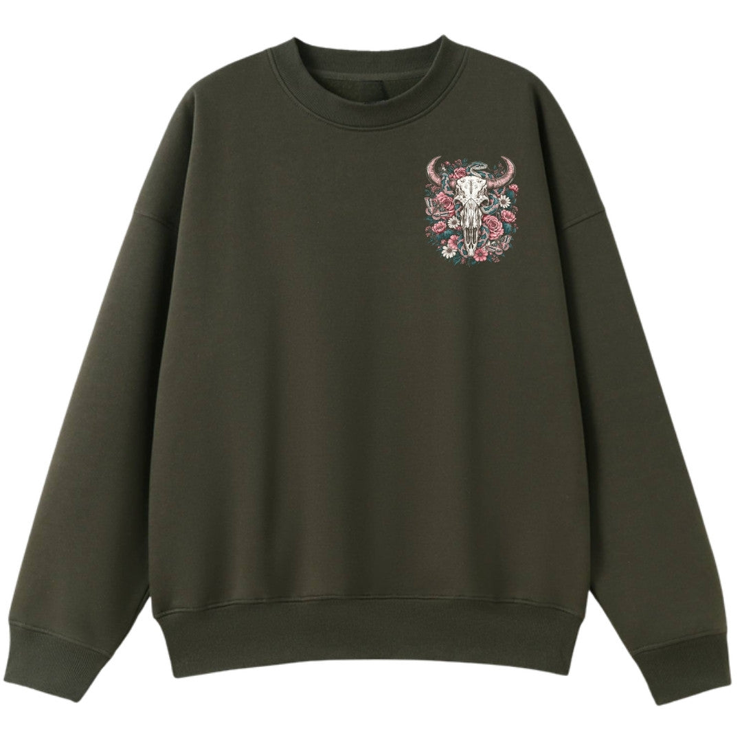 A army green oversized crew neck with a small Skull Snake And Moths graphic on the left chest.