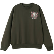 A army green oversized crew neck with a small Skull Snake And Moths graphic on the left chest.