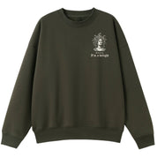 A army green oversized crew neck with a small First Of All I'm A Delight graphic on the left chest.