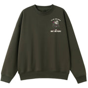 A army green oversized crew neck with a small I'm Not Anti Social Bulldog graphic on the left chest.