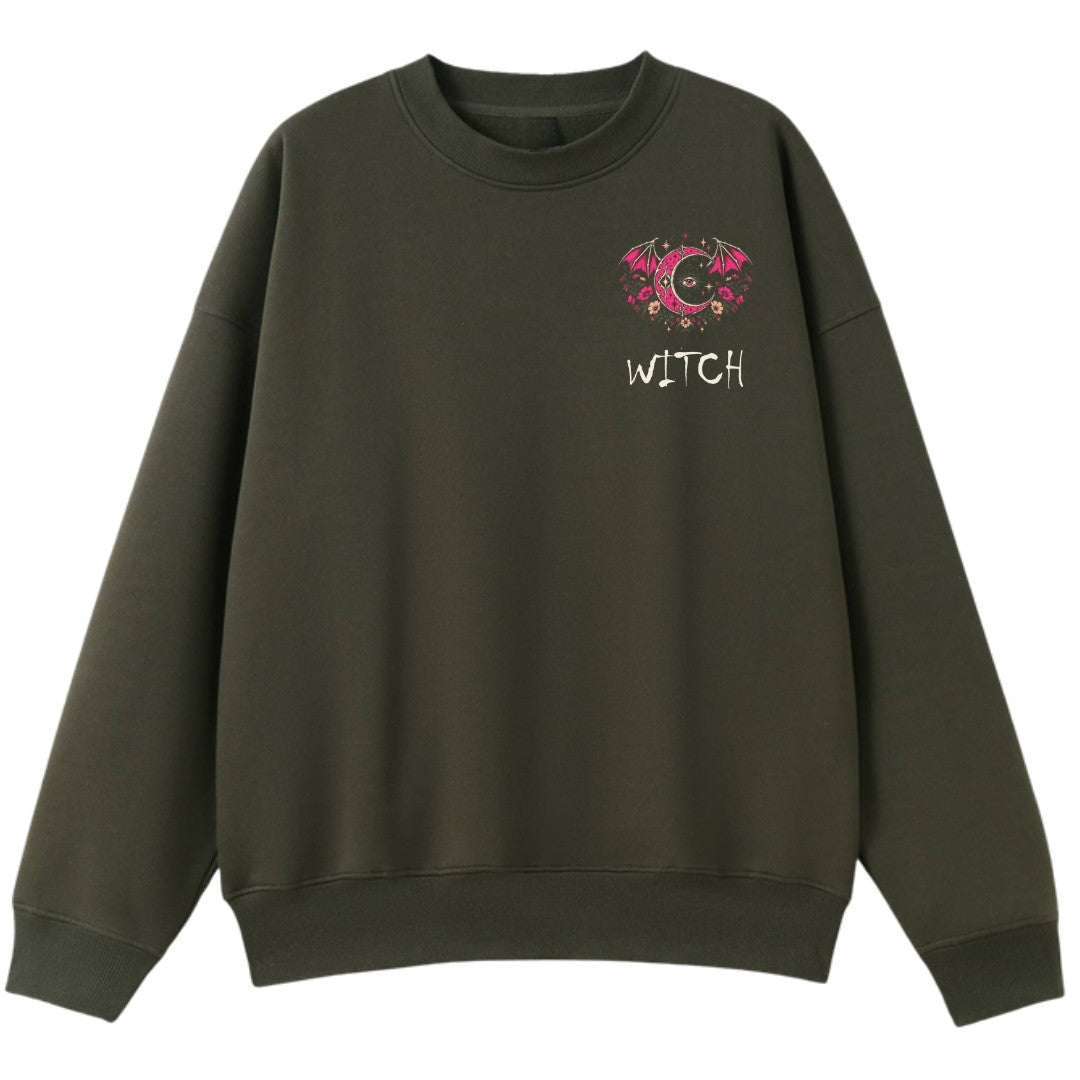 A army green oversized crew neck with a small Witch graphic on the left chest.