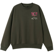 A army green oversized crew neck with a small Witch graphic on the left chest.