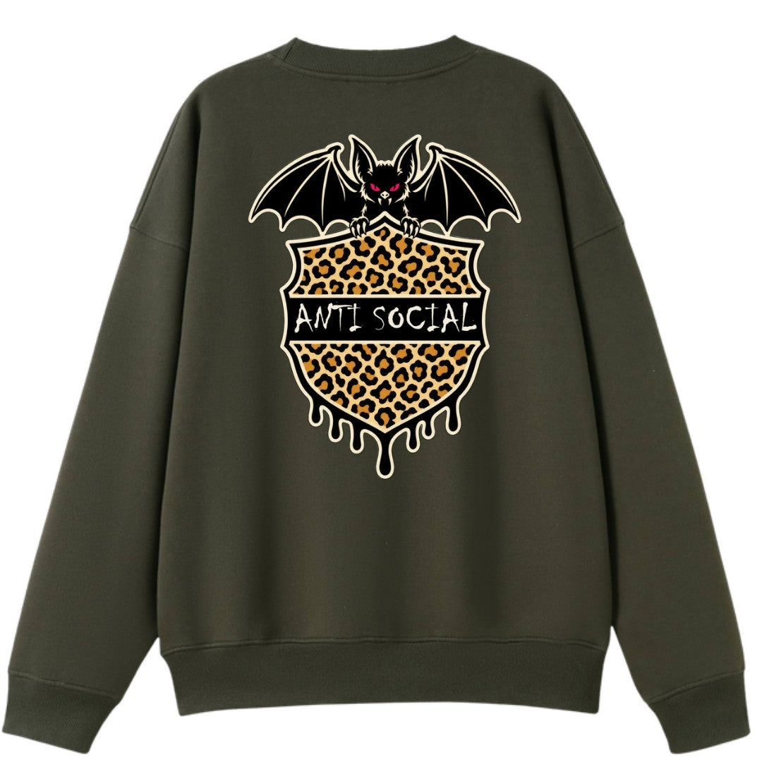 A army green oversized crew neck shown from the back, with the Anti Social graphic printed large across the back.