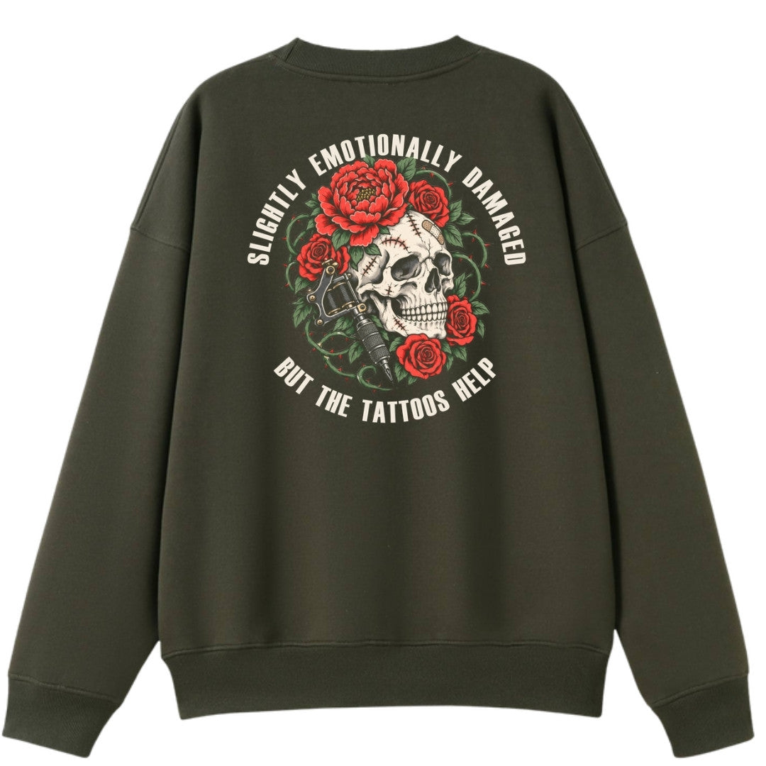 A army green oversized crew neck shown from the back, with the Slightly Emotionally Damaged graphic printed large across the back.