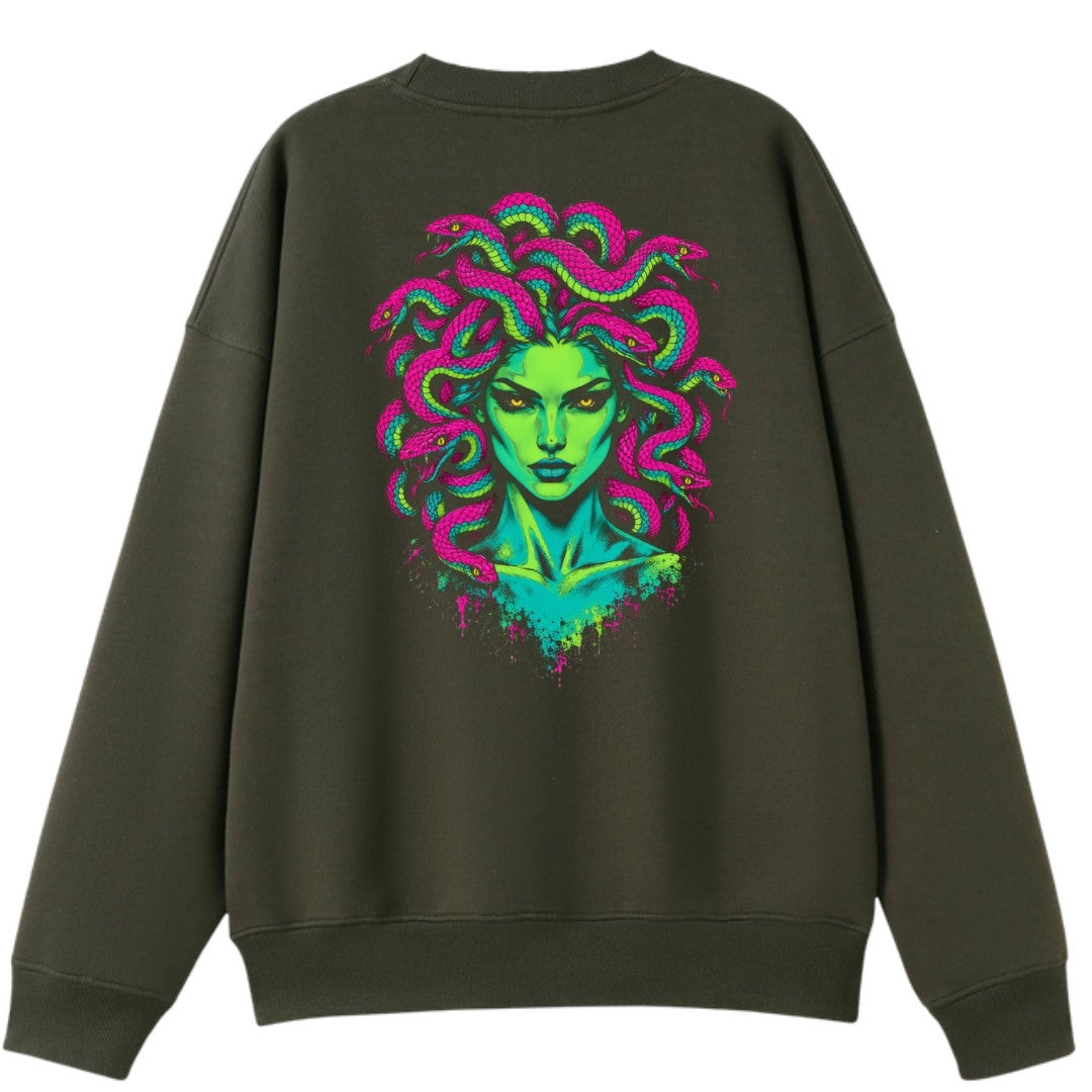A army green oversized crew neck shown from the back, with the Medusa graphic printed large across the back.