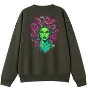 A army green oversized crew neck shown from the back, with the Medusa graphic printed large across the back.