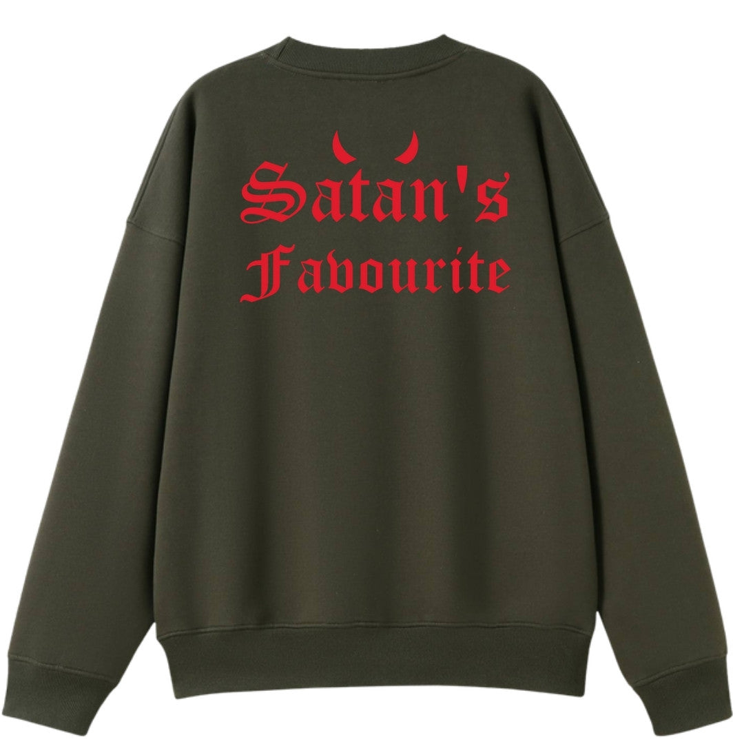 A army green oversized crew neck shown from the back, with the Satan's Favourite graphic printed large across the back.
