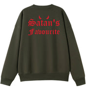 A army green oversized crew neck shown from the back, with the Satan's Favourite graphic printed large across the back.