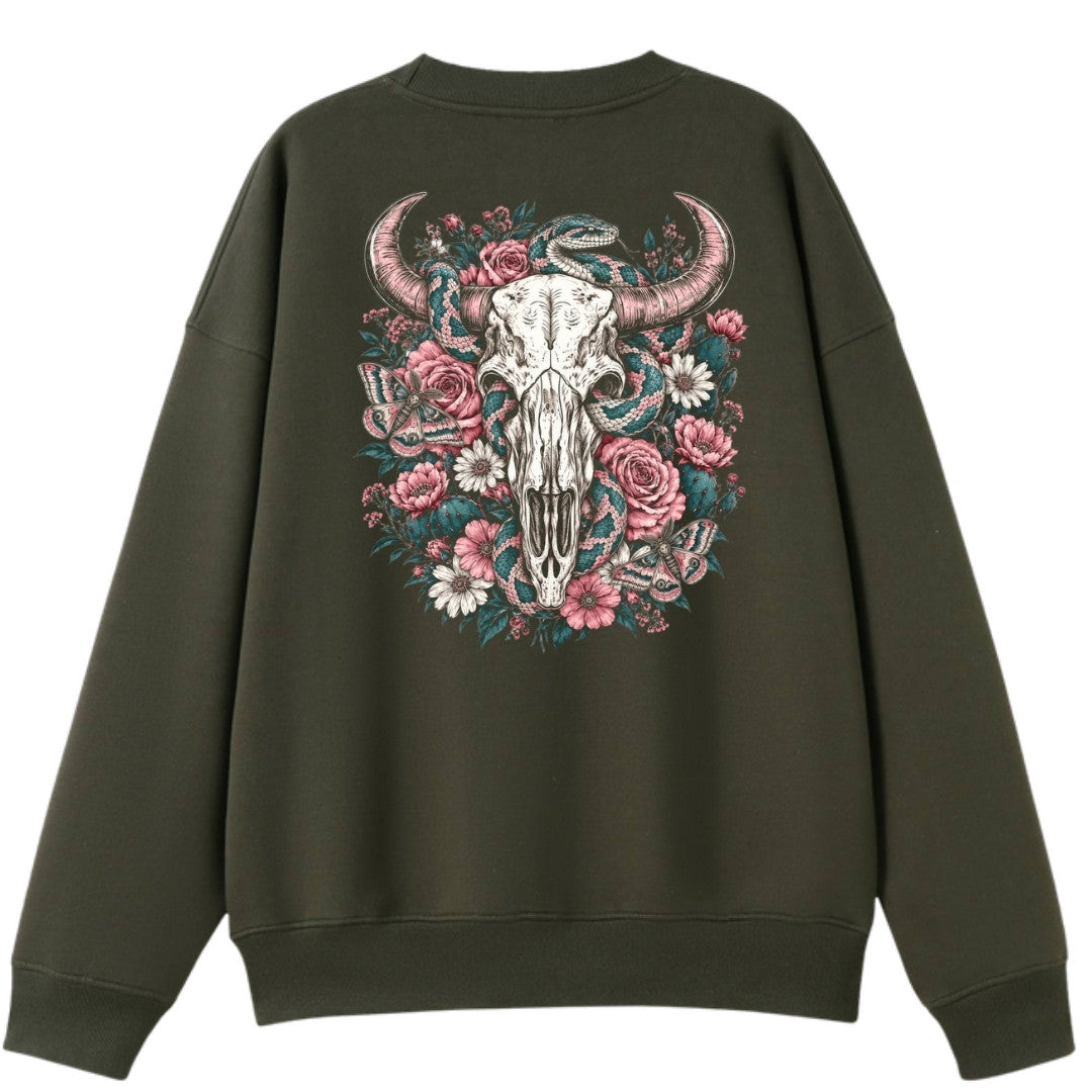 A army green oversized crew neck shown from the back, with the Skull Snake And Moths graphic printed large across the back.