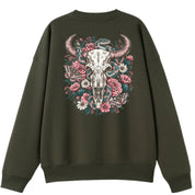 A army green oversized crew neck shown from the back, with the Skull Snake And Moths graphic printed large across the back.