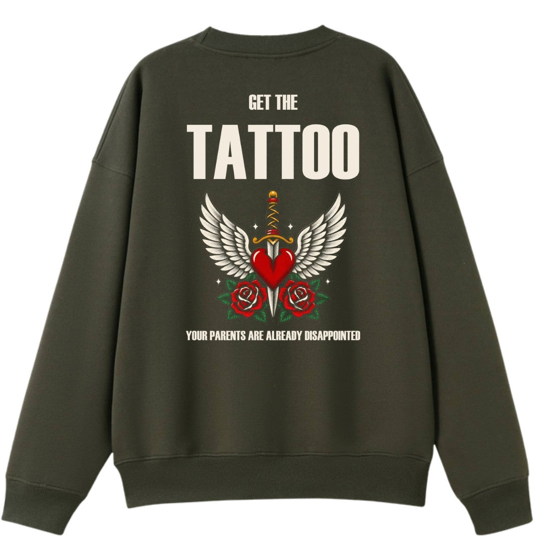 A army green oversized crew neck shown from the back, with the Get The Tattoo graphic printed large across the back.
