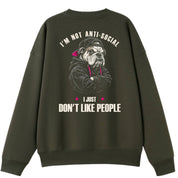 A army green oversized crew neck shown from the back, with the I'm Not Anti Social Bulldog graphic printed large across the back.